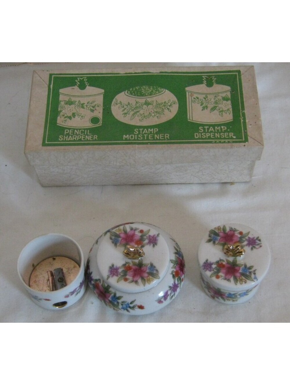 Moss Rose Vintage Japan Desk Set Stamp Roll Holder, Pencil Sharpener, Stamp Wet